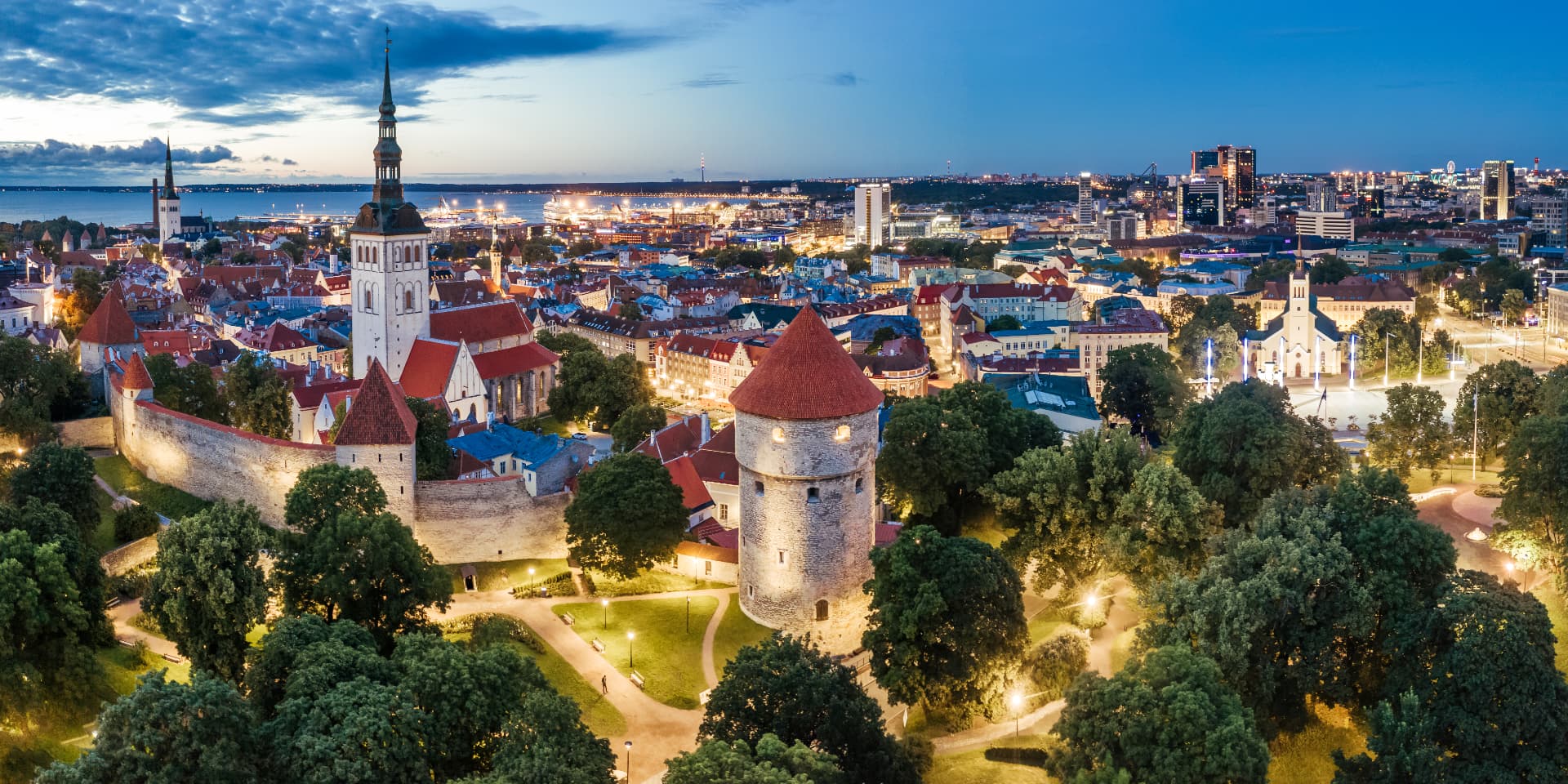 Aerial view of Tallinn Old Town at dusk
